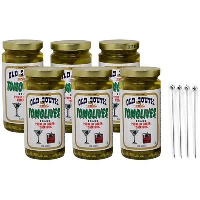 Old South Tomolives Pickled Green Tomatoes 8oz (6 Pack) Bundled with Complimentary 4-count Stainless Steel Cocktail Picks | Ultimate Martini Garnish | Great Cocktail Snack