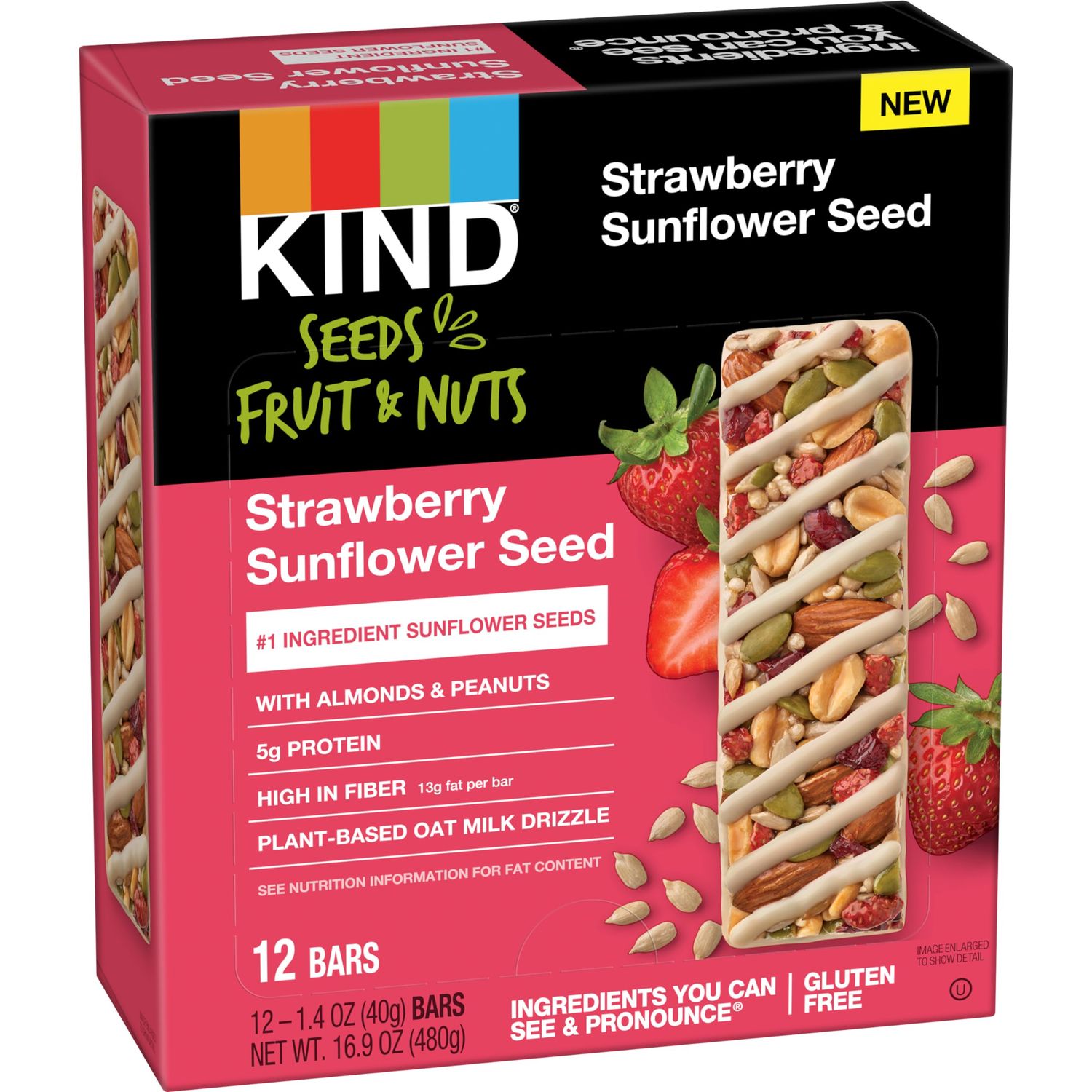 KIND Seeds Fruit &amp; Nuts Snack Bar, Strawberry Sunflower Seed | 5g Protein, High Fiber, Gluten Free Bars, 1.4 OZ, 12 Count