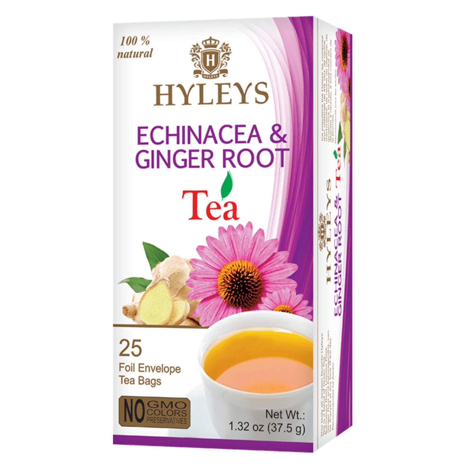 Hyleys Tea Natural Echinacea &amp; Ginger Root Green Tea - 25 Tea Bags - (100% Natural, Sugar Free, Gluten Free and Non-GMO)