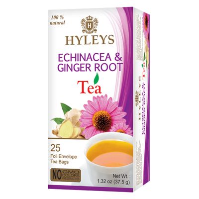 Hyleys Tea Natural Echinacea &amp; Ginger Root Green Tea - 25 Tea Bags - (100% Natural, Sugar Free, Gluten Free and Non-GMO)