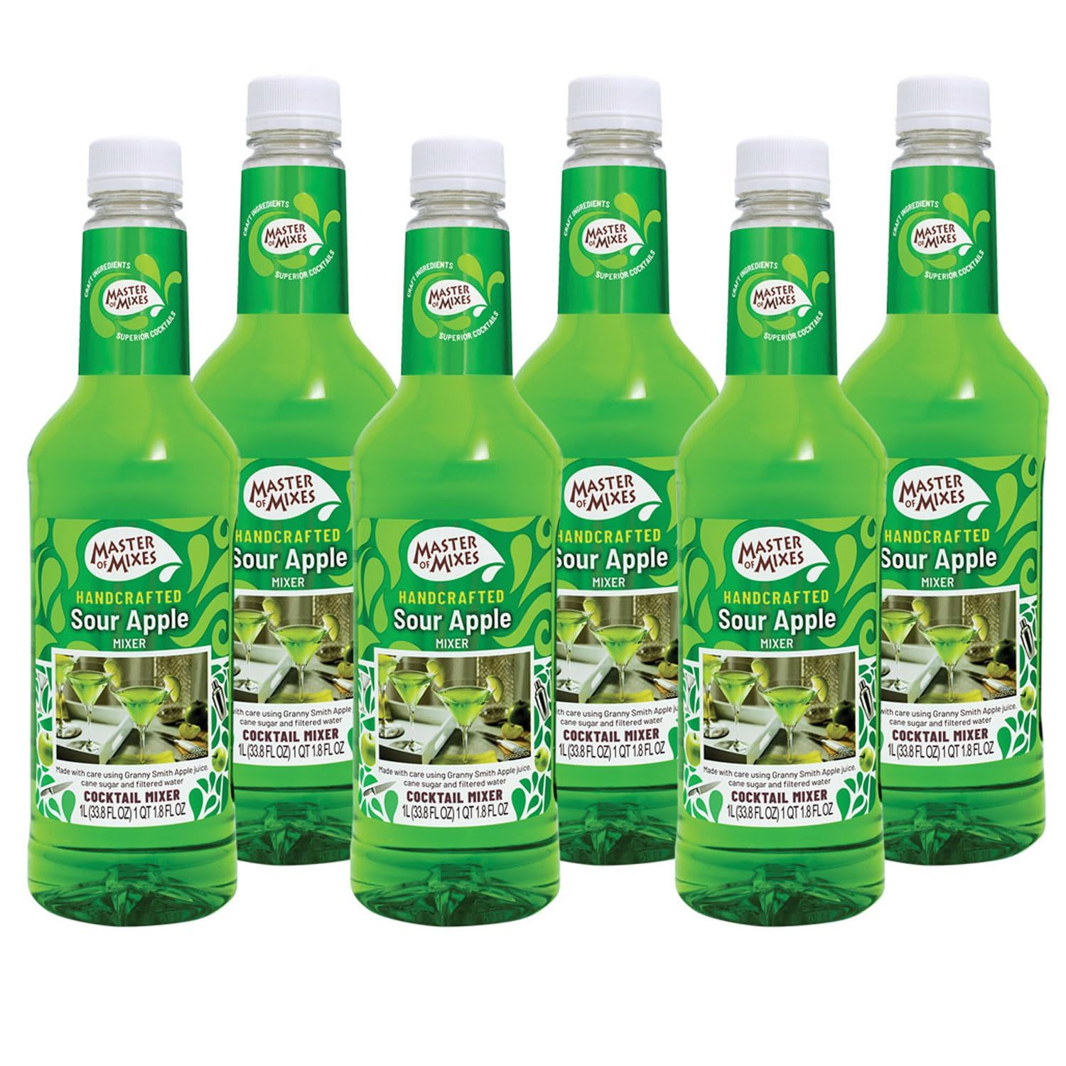 Master of Mixes Sour Apple Martini Drink Mix, Ready to Use, 1 Liter Bottle (33.8 Fl Oz), Pack of 6