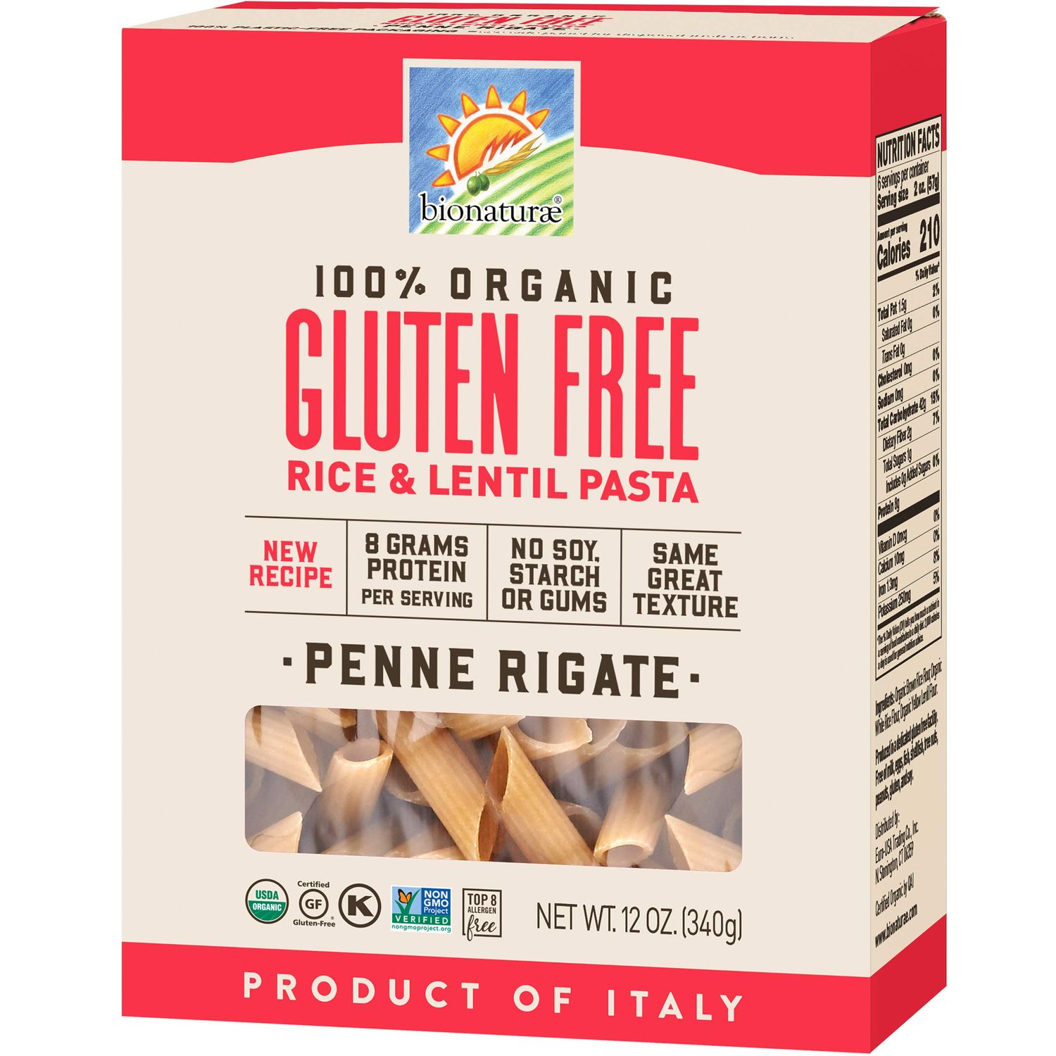 Bionaturae Penne Rigate Pasta Noodles - Gluten Free Pasta Organic, Rice &amp; Lentil Pasta, Kosher Certified, High Protein, Non-GMO Verified, USDA Certified, Gluten Free Pastas, Crafted in Italy - 12 Oz