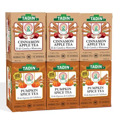 TADIN Cinnamon Apple Tea and Pumpkin Spice Tea, Caffeine Free, 24 Tea Bags per Carton, Pack of 6