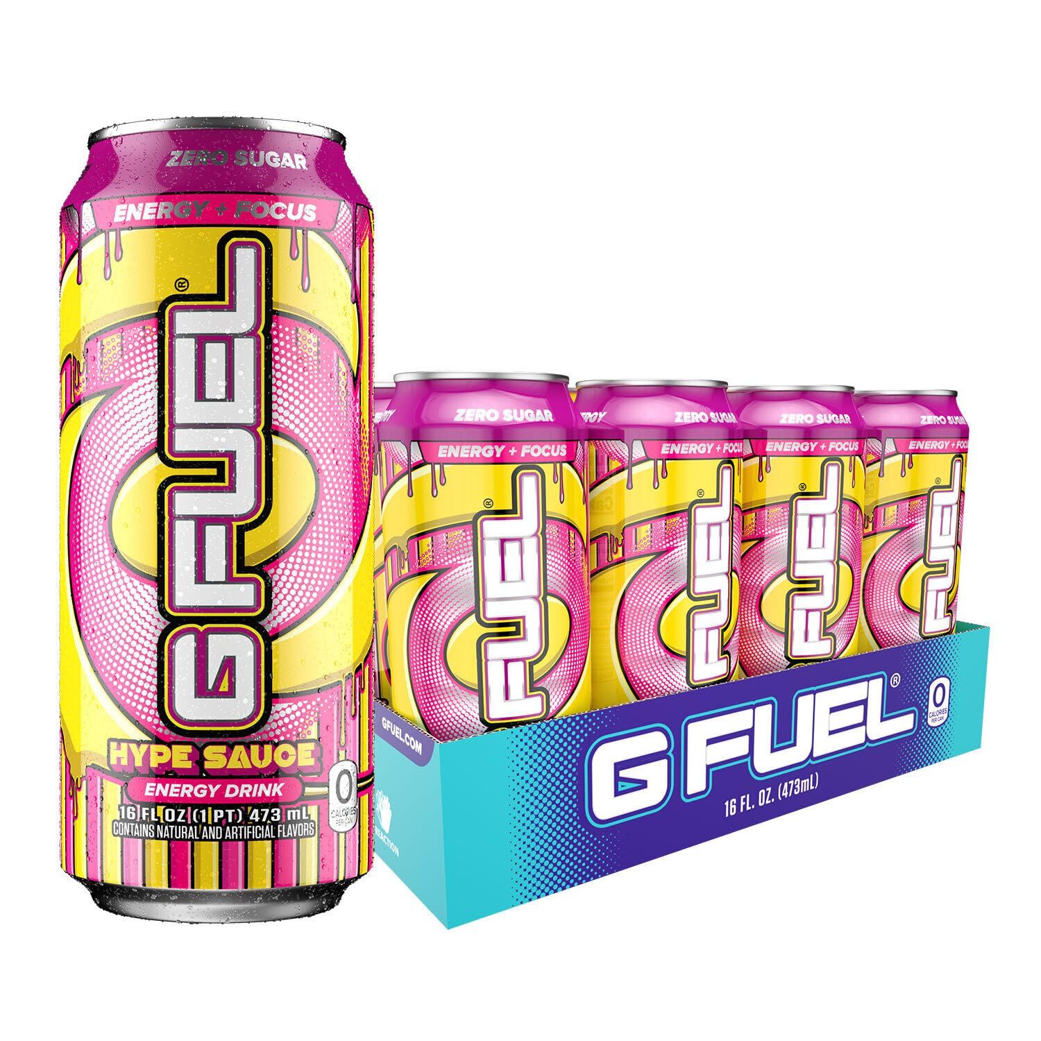 G Fuel Hype Sauce Energy Drink, Sugar Free, Healthy Drinks, Zero Calorie, 300 mg Caffeine per Carbonated Can, Raspberry + Lemonade Flavor, Focus Amino, Vitamin + Antioxidants Blend - 12 Pack