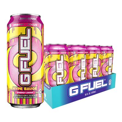 G Fuel Hype Sauce Energy Drink, Sugar Free, Healthy Drinks, Zero Calorie, 300 mg Caffeine per Carbonated Can, Raspberry + Lemonade Flavor, Focus Amino, Vitamin + Antioxidants Blend - 12 Pack