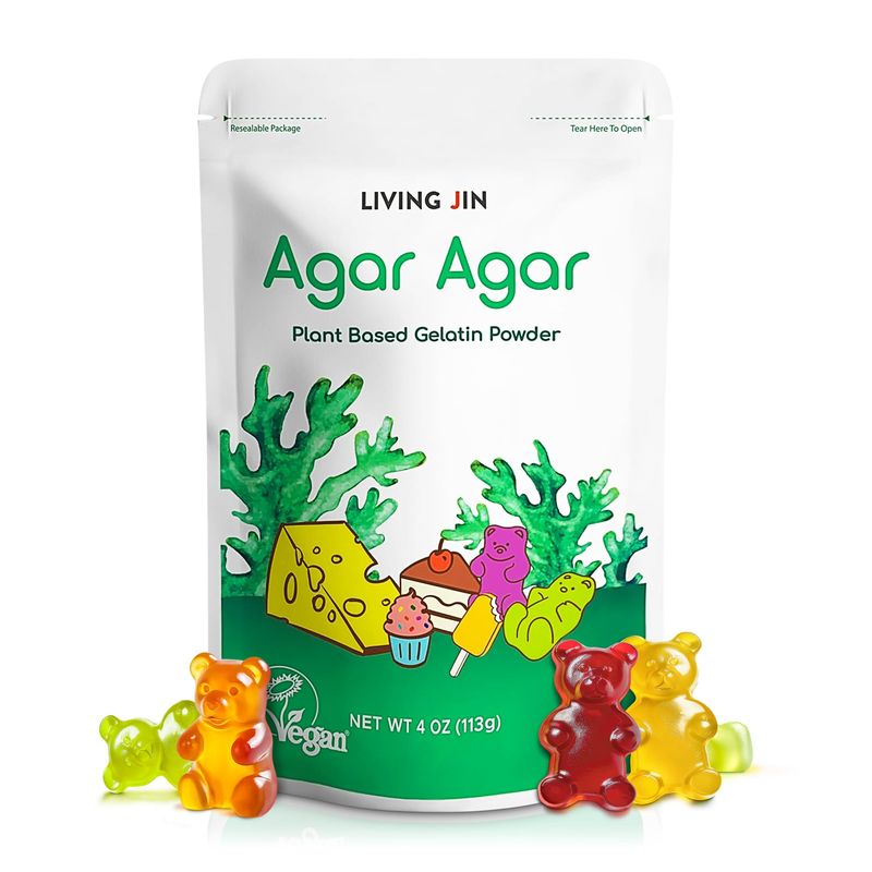 LIVING JIN Agar Agar Powder (4oz) Vegan Gelatin Substitute, Gluten-free, Non-GMO 100%, Sugar-free, Kosher, Desserts, 100% Natural Red Algae