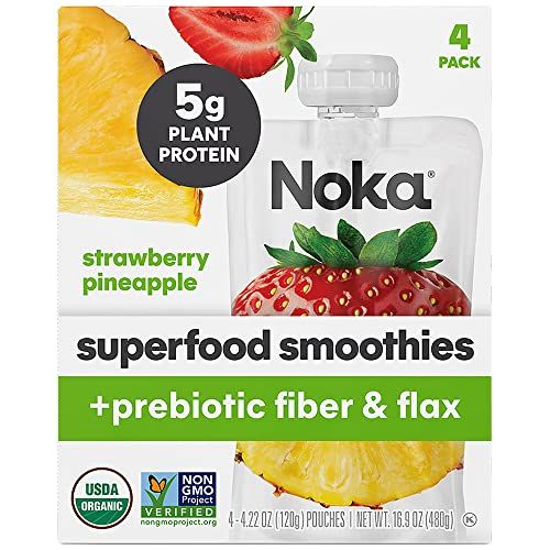 Noka Superfood Smoothie Pouches (Strawberry Pineapple) 4 Pack, with Plant Protein, Prebiotic Fiber &amp; Flax Seed, Organic, Gluten Free, Vegan, Healthy Fruit Squeeze Snack Pack, 4.22oz Ea