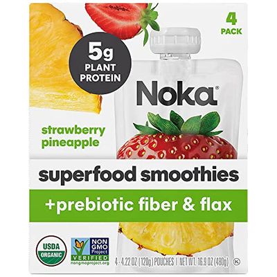 Noka Superfood Smoothie Pouches (Strawberry Pineapple) 4 Pack, with Plant Protein, Prebiotic Fiber &amp; Flax Seed, Organic, Gluten Free, Vegan, Healthy Fruit Squeeze Snack Pack, 4.22oz Ea