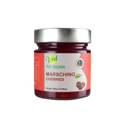 Ved Gourmet Original Red Maraschino Cherries - Italian Cherry for Old-Fashioned Cocktails - Vegan Cocktail, Bourbon Cherries in Natural Syrup for Cocktail Garnish - 300g Jar