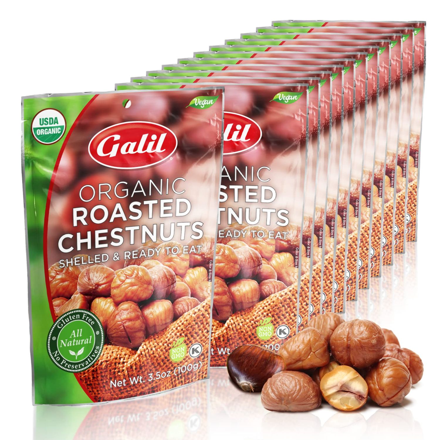 Galil Organic Roasted Chestnuts Pack of 12 Shelled &amp; Ready to Eat - Gluten Free, Vegan, Organic, Non-GMO, Kosher Snacks - Great for Baking, Cooking &amp; Turkey Stuffing 3.5oz Bags