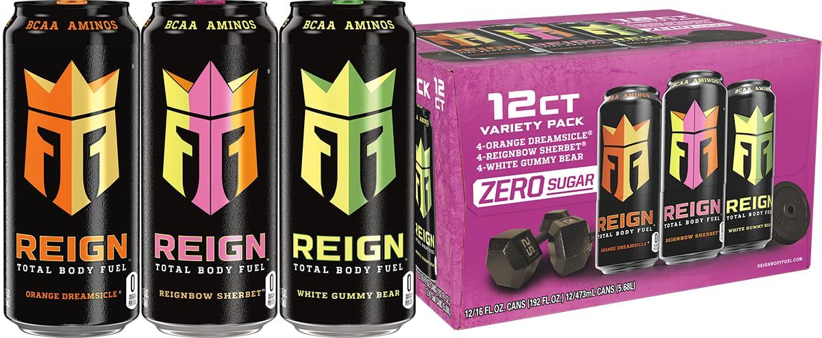 REIGN Total Body Fuel Variety Pack, Reign Orange Dreamsicle, Reign Reignbow Sherbet, Reign White Gummy Bear, Fitness &amp; Performance Drink, 16 Fl Oz (Pack of 12)