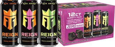 REIGN Total Body Fuel Variety Pack, Reign Orange Dreamsicle, Reign Reignbow Sherbet, Reign White Gummy Bear, Fitness &amp; Performance Drink, 16 Fl Oz (Pack of 12)