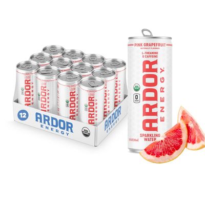 ARDOR ENERGY Sparkling Water Pink Grapefruit 12 pack with 100mg Organic Caffeine from Green Tea &amp; 200mg Organic L-Theanine (Focus &amp; Calm). No Sugar. No Calories. Vegan. Gluten Free.