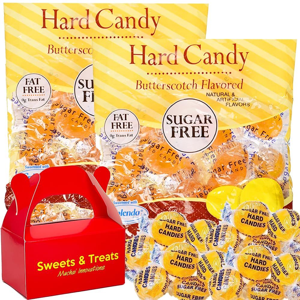 Sugar Free Butterscotch Hard Candy | Individually Wrapped, Fat-Free, 0 Trans Fat, Sugarfree | Rich Buttley Creamy &amp; Sweet - Yellow Button Disc Drops | Snack Desert Treat | 2 Bags Plus Muchai Card