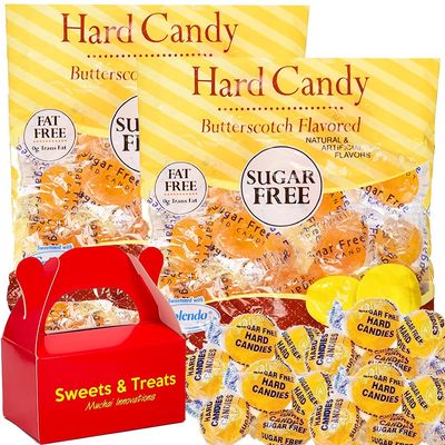 Sugar Free Butterscotch Hard Candy | Individually Wrapped, Fat-Free, 0 Trans Fat, Sugarfree | Rich Buttley Creamy &amp; Sweet - Yellow Button Disc Drops | Snack Desert Treat | 2 Bags Plus Muchai Card