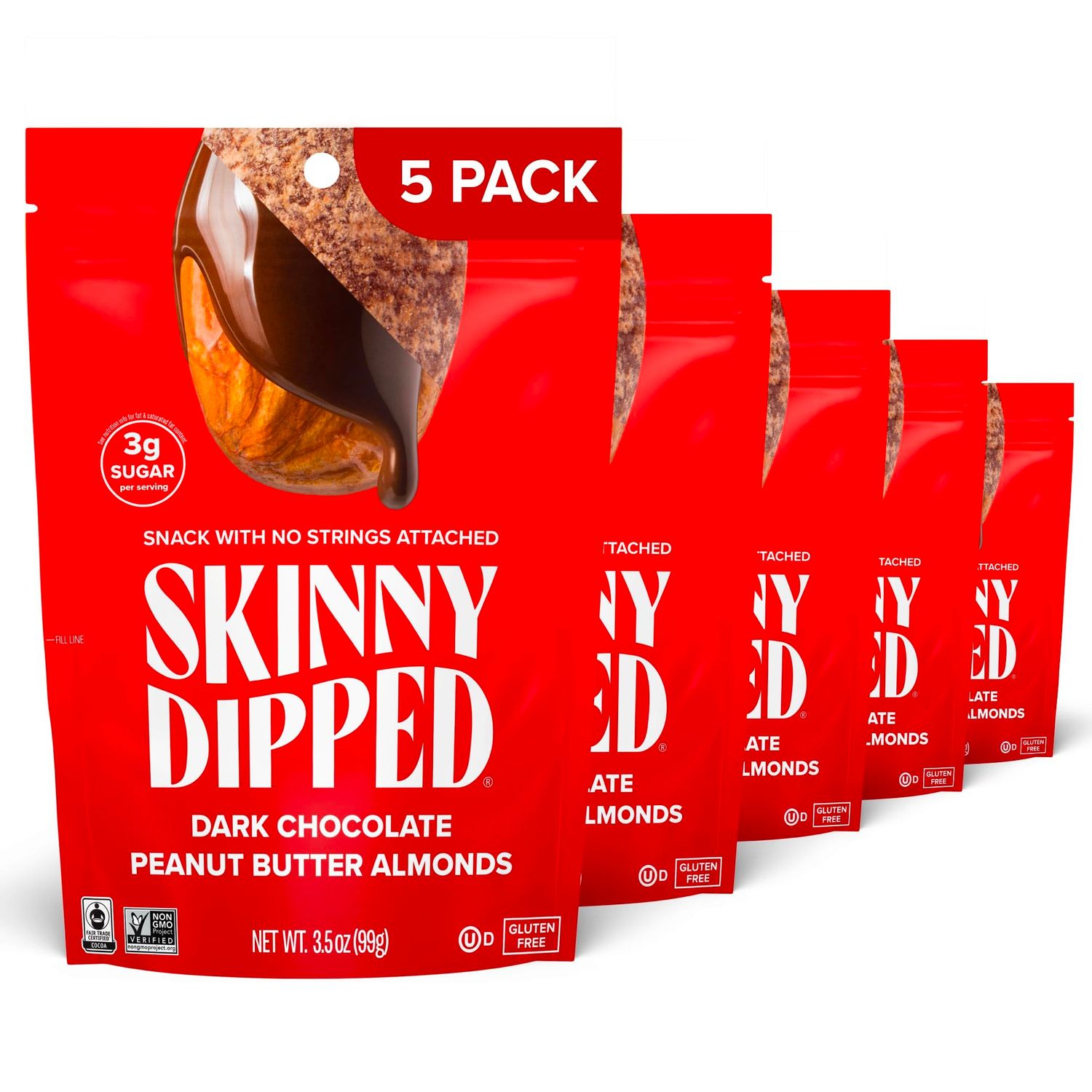 SkinnyDipped Dark Chocolate Peanut Butter Almonds, Healthy Snack, Plant Protein, Gluten Free, 3.5 oz Resealable Bags, (Pack of 5)