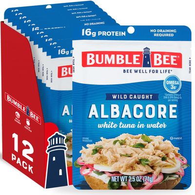 Bumble Bee Chunk White Albacore Tuna in Water, 2.5 oz Pouches (Pack of 12) - Ready to Eat Wild Caught Tuna Packet - 16g Protein per Serving, High in Omega-3s - Non-GMO, Gluten Free, Kosher