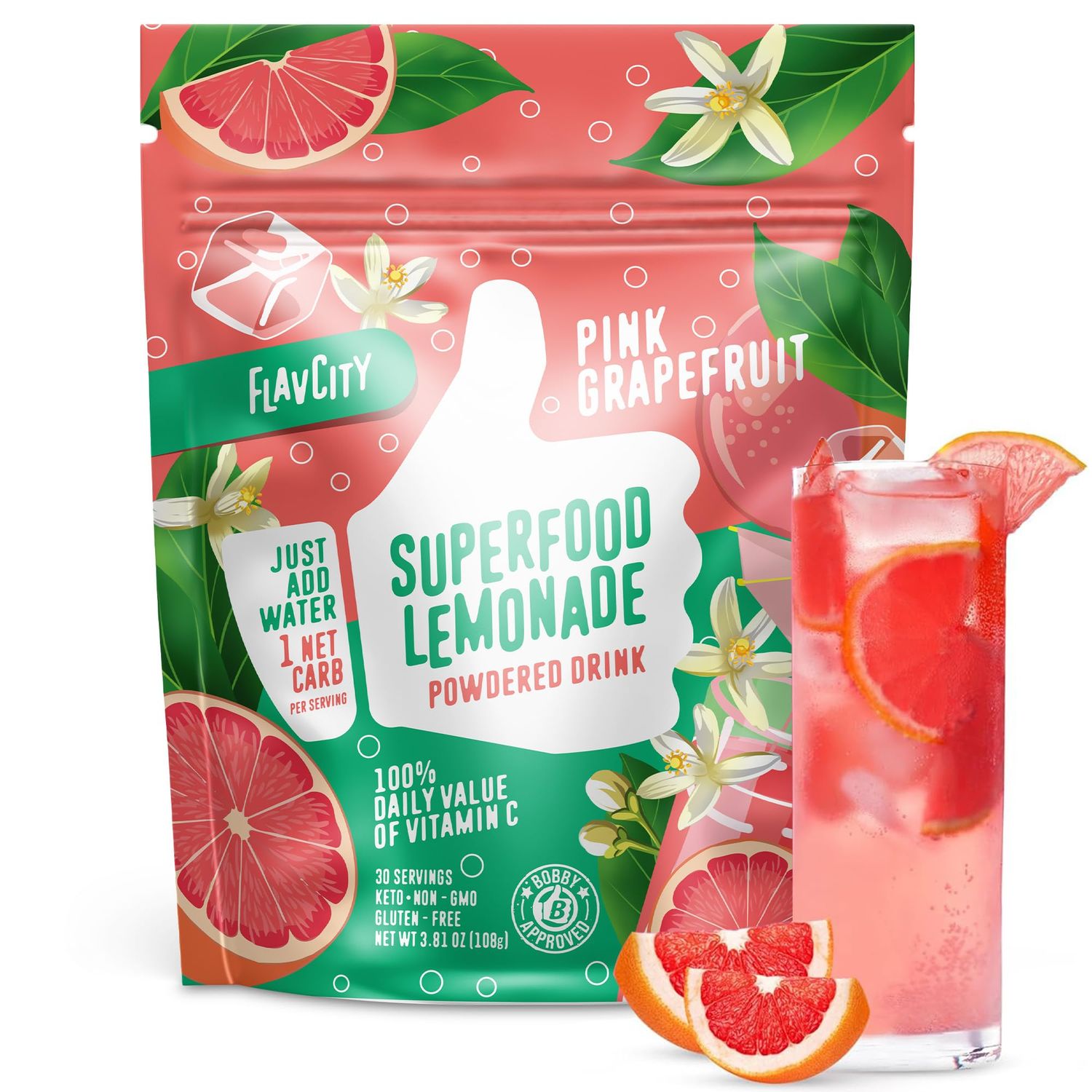 FlavCity Superfood Lemonade Pink Grapefruit Powdered Drink, 30 Servings - Sugar-Free Lemonade Powder Drink Mix - Keto, Vegan, Gluten-Free &amp; Non-GMO
