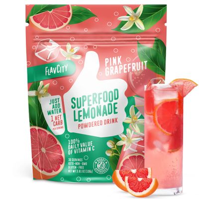 FlavCity Superfood Lemonade Pink Grapefruit Powdered Drink, 30 Servings - Sugar-Free Lemonade Powder Drink Mix - Keto, Vegan, Gluten-Free &amp; Non-GMO