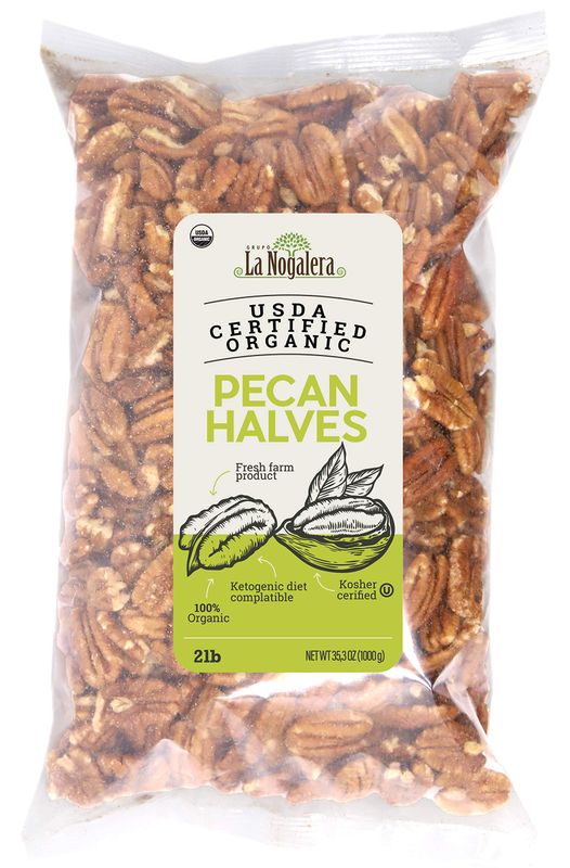 La Nogalera Organic - USDA and CCOF Certified Organic Shelled Pecan Halves in 2 pound bag. Pecan nut halves, NO SHELL, Non-GMO, Kosher and Halal Certified and Ketogenic friendly
