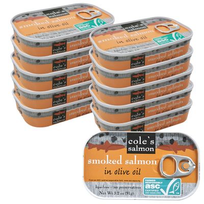 COLE&#39;S SMOKED SALMON IN OLIVE OIL - 3.2 oz Hand Packed, Smoked Salmon, Preservatives Free, Canned Fish - Pack of 10