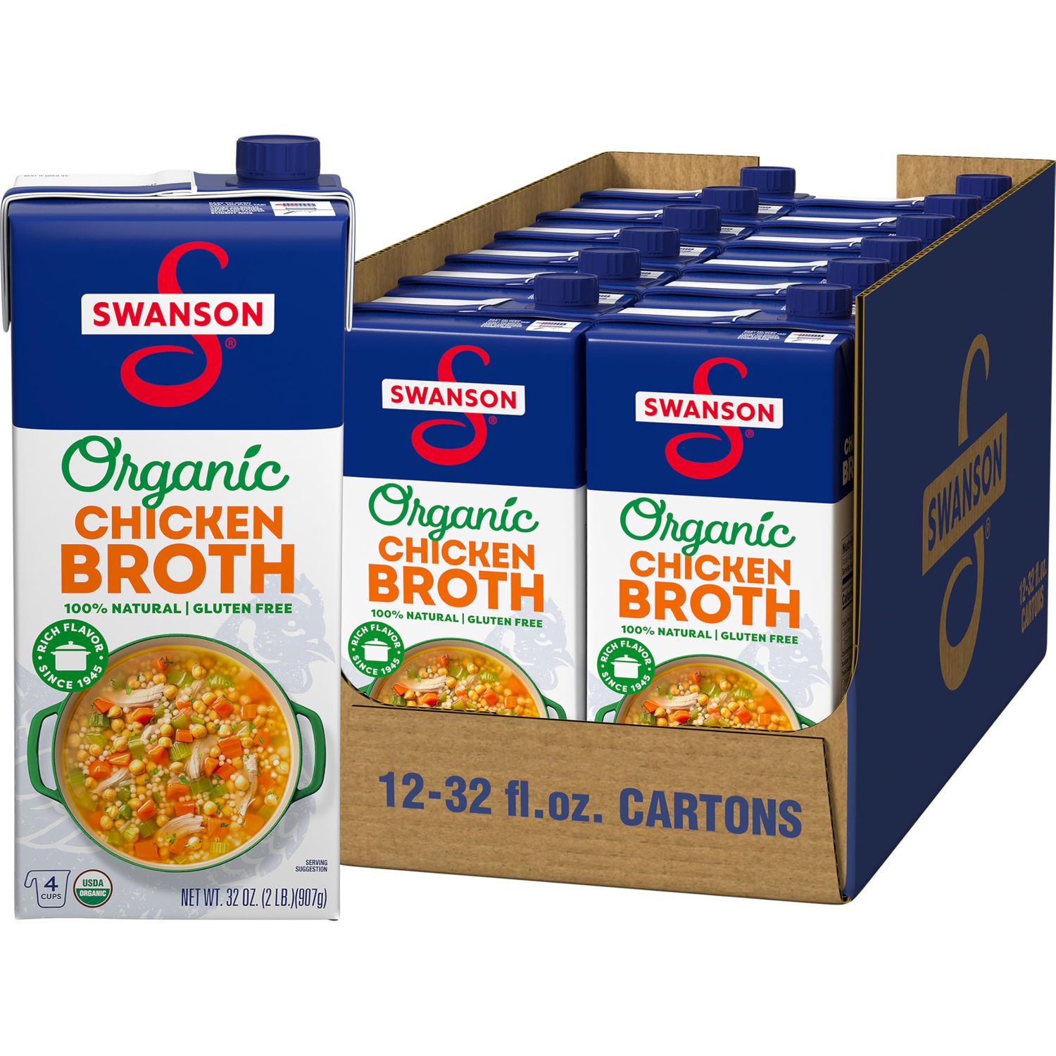 Swanson 100% Natural Organic Chicken Broth, 32 oz Carton (Pack of 12)