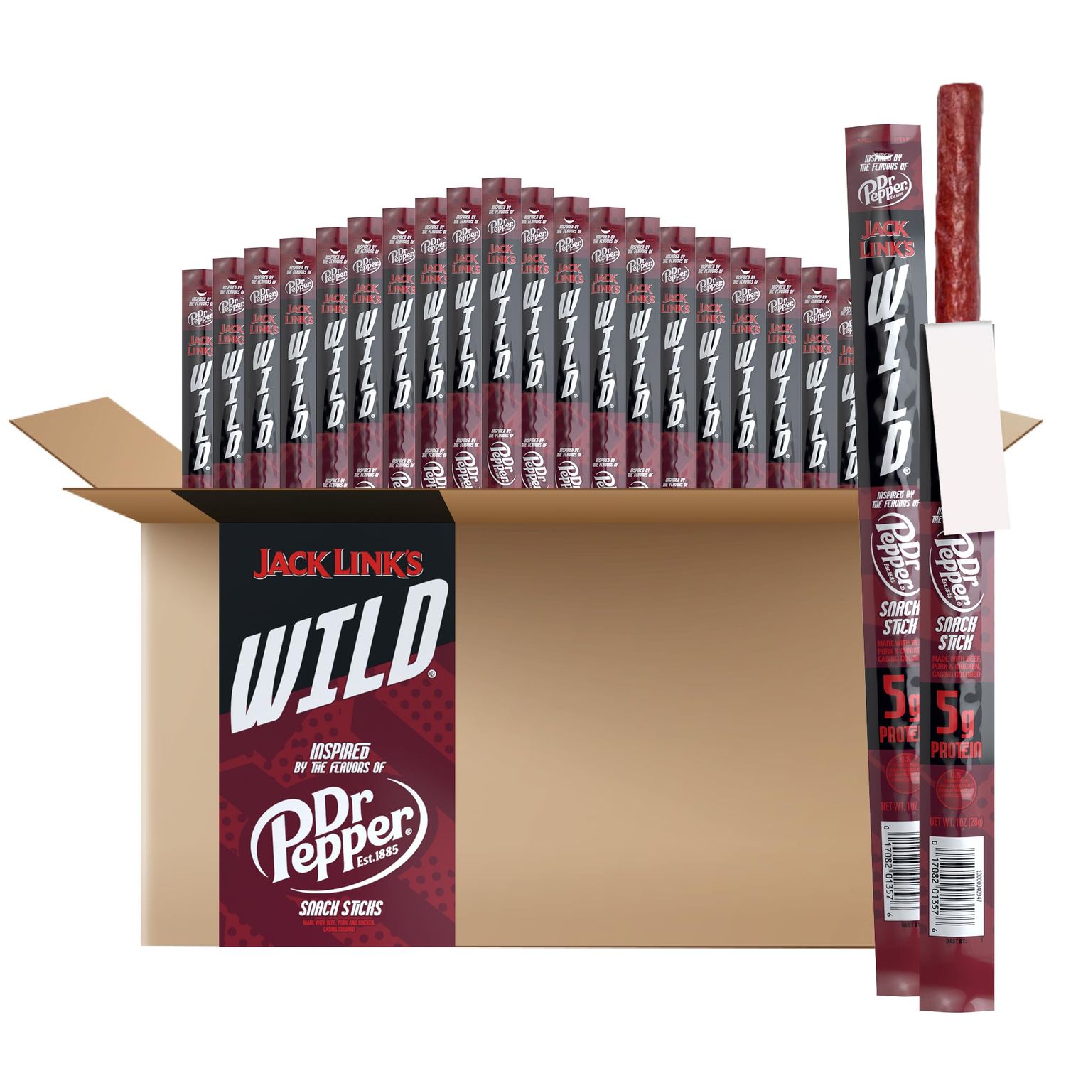 Jack Link&#39;s Wild Snack Sticks - Dr. Pepper Inspired Flavors - Individually Wrapped Sticks with 5g of Protein, Inspired by the Flavors of Dr. Pepper - 1 Oz. (20 Count)