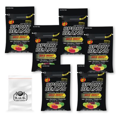 Jelly Belly Sport Beans - Energizing Jelly Beans - Assorted Flavors, 6 Pack- includes RUS Candy Company Travel Size Pocket Bag (Assorted Flavors)
