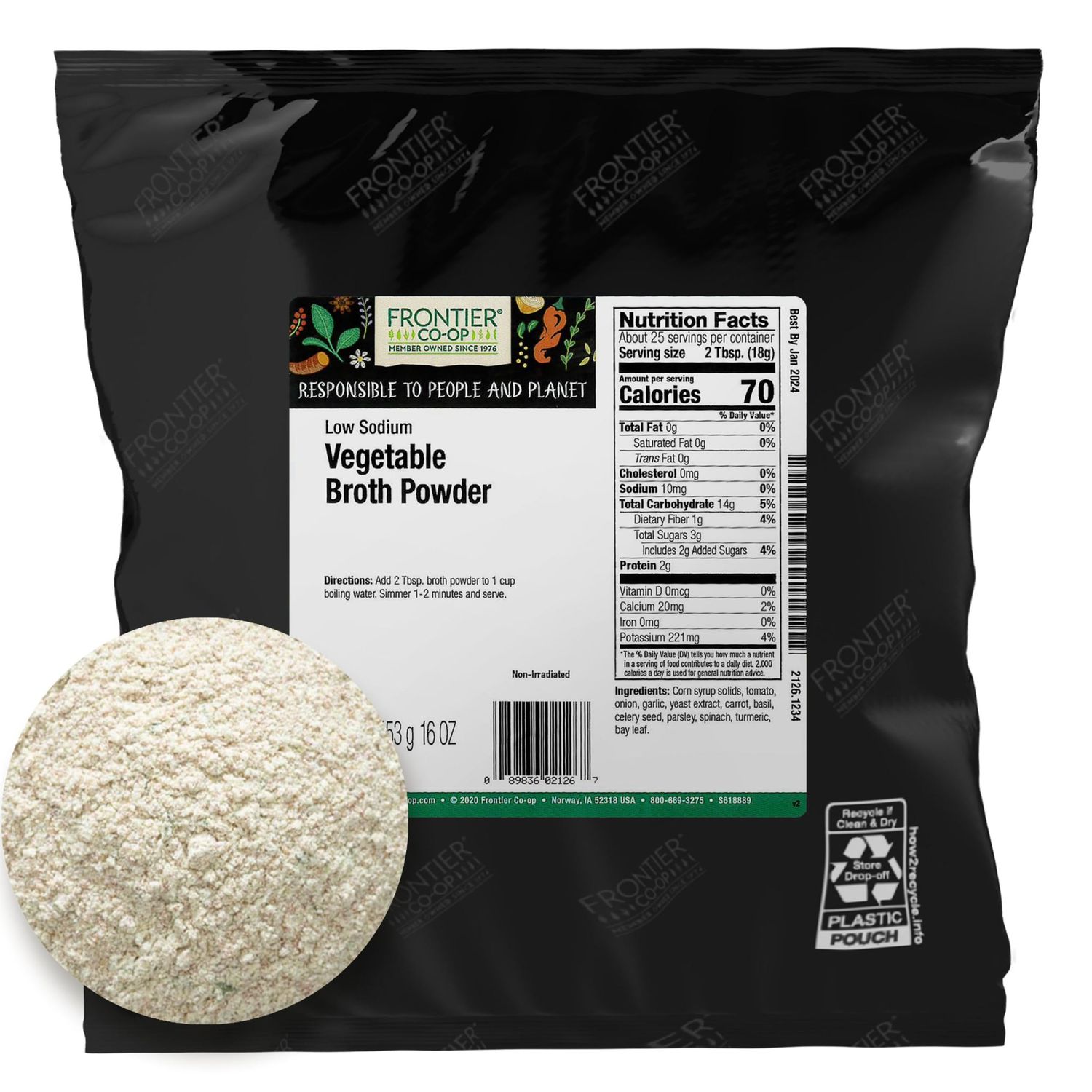 Frontier Co-op Vegetable Flavored Broth Powder, 1-Pound Bulk, Low Sodium, Onion, Garlic, Carrot, Basil, Turmeric, Celery Seed