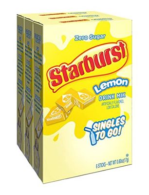 Starburst Singles To Go Powdered Drink Mix, Lemon, 3 Boxes with 6 Packets Each - 18 Total Servings, Sugar-Free Drink Powder, Just Add Water, 6 count (Pack of 3)