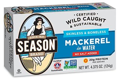 Season Mackerel in Water - Skinless &amp; Boneless, No Salt Added, Wild Caught, Keto Snacks, Canned Mackerel Fillets, Full of Vitamins, Low in Mercury, Kosher, Non-GMO, 20g of Protein - 4.37 Oz, 12-Pack