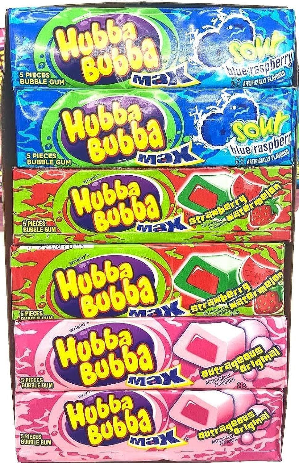 Hubba Bubba 18 Pack Bubble Gum Variety Pack Original, Strawberry Watermelon, Sour Blue Raspberry- 3 delicious flavors