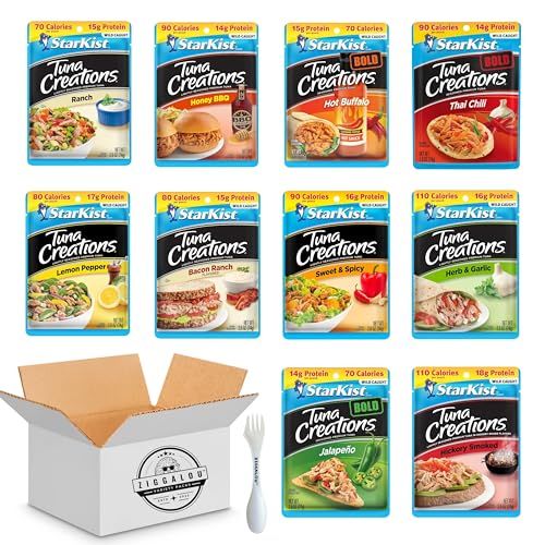 StarKist Tuna Creations 10 Flavor Variety Pack of Pantry Staple Pouches with Reusable 3-in-1 Cutlery by ZIGGALOU