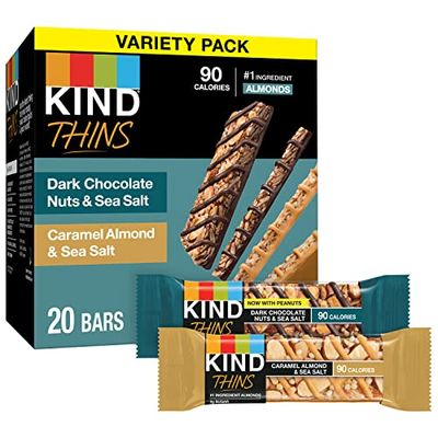 KIND Thins Variety Pack, Dark Chocolate Nuts &amp; Sea Salt, Caramel Almond &amp; Sea Salt, Healthy Snacks, Low Calorie, 20 Count