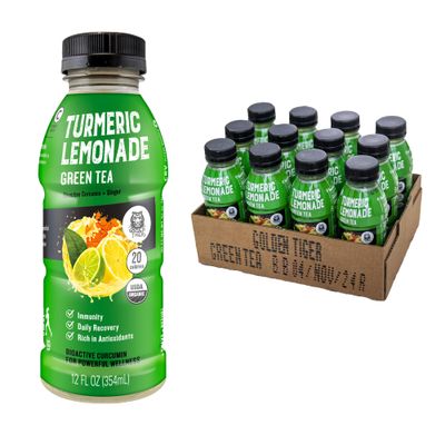 Golden Tiger Turmeric Lemonade, Green Tea with 100mg Bioactive Curcumin &amp; Ginger | Organic Superfoods for Recovery and Immunity | 12 Bottles, 20 Calories
