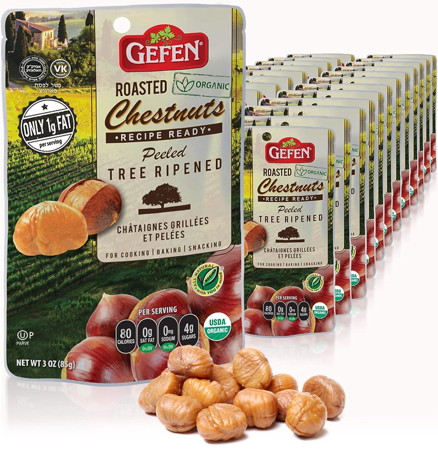 Gefen Organic Whole Peeled and Roasted Chestnuts, 3oz (24 Pack) | Chestnuts Peeled and Ready to Eat | Great for Cooking &amp; Baking | Gluten Free | Kosher