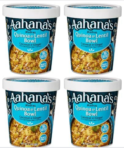 Aahana&#39;s Madras Quinoa &amp; Lentil Bowl -Vegan Food, Gluten Free Meals, Kosher, Non-GMO, Plant-Based, Meals Ready To Eat | Indian Food &amp; Vegetarian Food | Just Add Water, No Refrigeration (4 Pack)