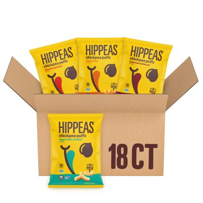 Hippeas Chickpea Puffs, Variety Pack: Vegan White Cheddar, Nacho Vibes, Barbecue, Sriracha, 0.8 Ounce (Pack of 18), 3g Protein, 2g Fiber, Vegan, Gluten-Free, Crunchy, Plant Protein Snacks