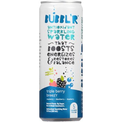 Bubbl&#39;r Antioxidant Sparkling Water, Triple Berry Breez&#39;r, Natural Caffeine, 5 Calories per Can, 0g Sugar, No Artificial Flavor or Sweeteners, 6 Count, 72 Fluid Ounce (Pack of 4)