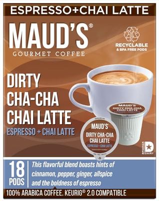 Maud&#39;s Espresso Chai Tea Latte Tea Pods, 18 ct | Dirty Cha Cha Chai Latte Flavored Tea | Solar Energy Produced Recyclable Single Serve Chai Latte Pods Compatible with Keurig K-Cup Brewers