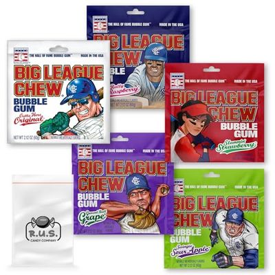 5 Flavor Variety Pack of Big League Chew- Outta Here Original Flavored | Big Rally Blue Raspberry | Slammin&#39; Strawberry | Swingin&#39; Sour Apple | Ground Ball Grape | - Shredded Bubble Gum 2.12oz each