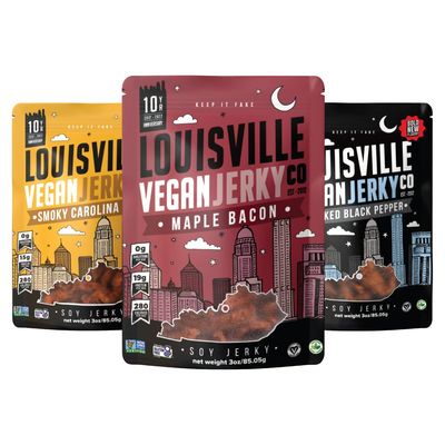 Louisville Vegan Jerky Co. Best Sellers 1 Variety Bundle Vegan Jerky 3 oz. 3 pack (Smoky Carolina BBQ, Smoked Black Pepper, Maple Bacon)