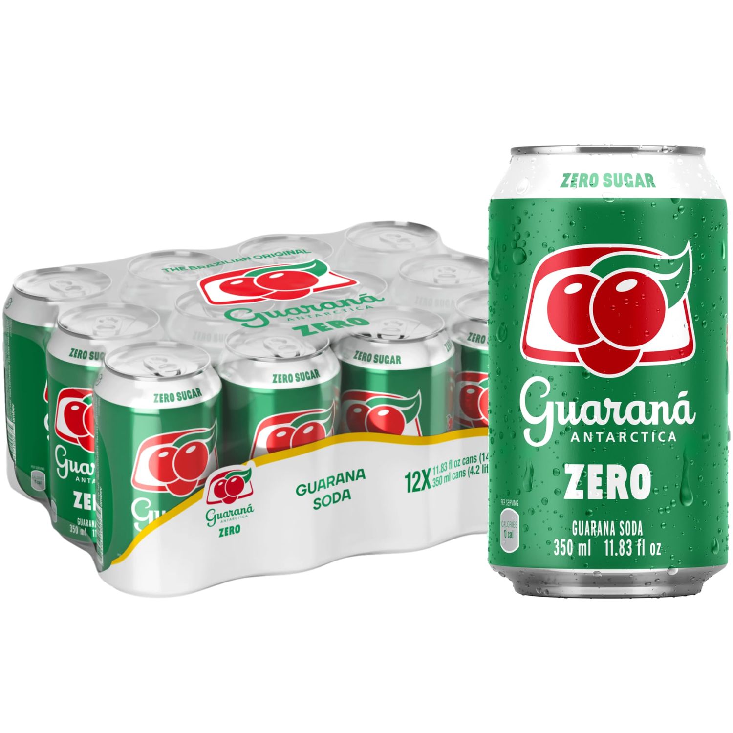 Guaran Antarctica Zero, The Brazilian Original Guaran Soda, Zero Sugar, 11.83 fl oz (Pack of 12)