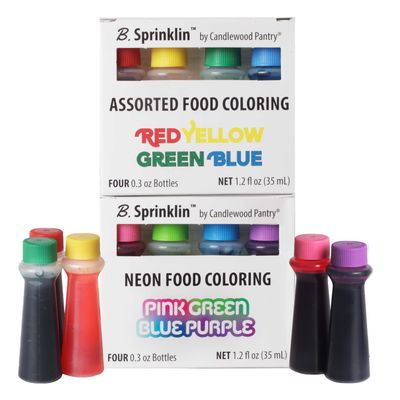 B. Sprinklin Assorted Liquid Food Coloring Kit, 8 Bottles, 0.3 fL Oz / Neon (4) and Regular (4) Colors - Vibrant Food Dye for Slime Crafts, Eggs, Frosting and Cake Decorating by Candlewood Pantry