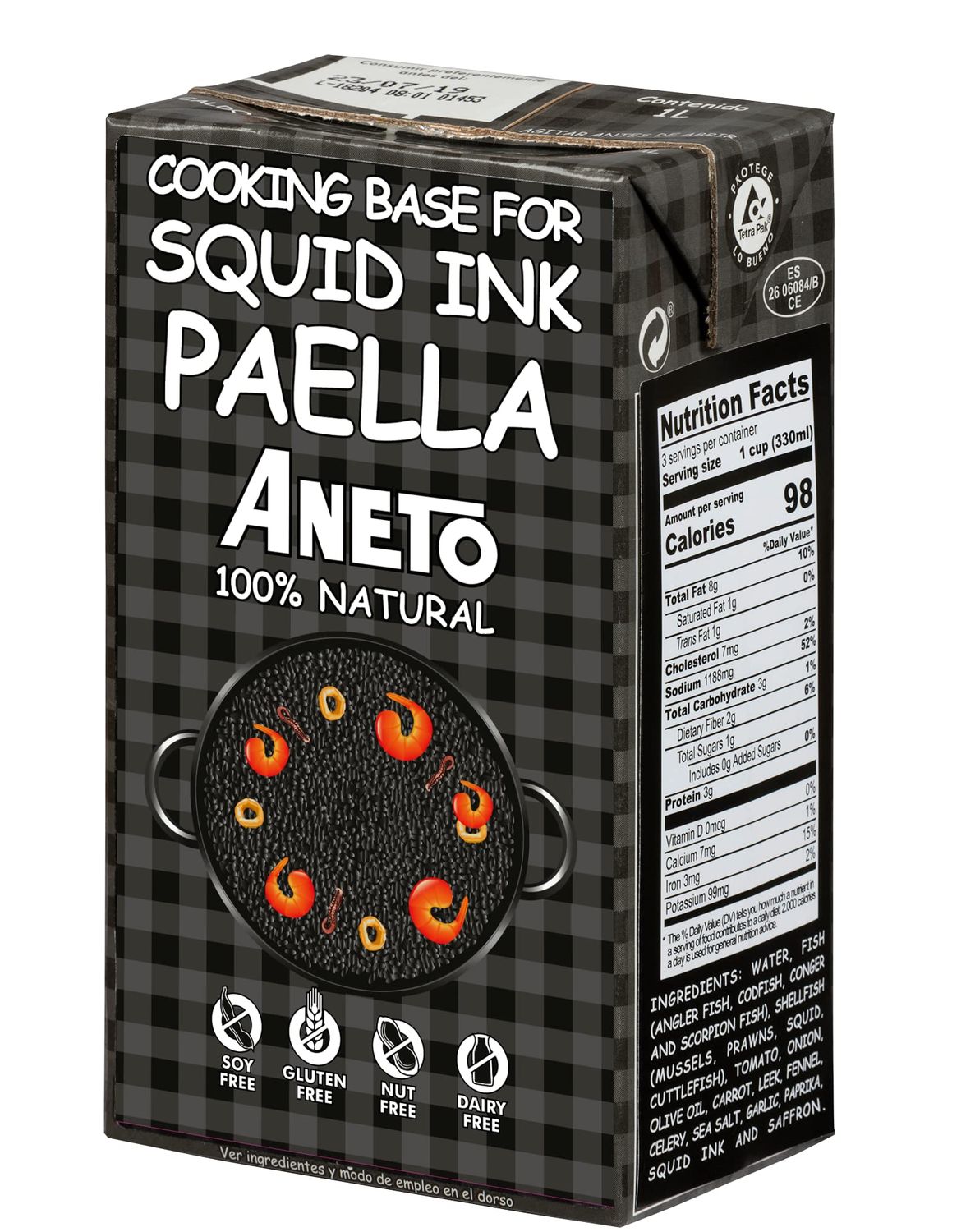 Aneto Squid Ink Paella Cooking Base Broth | 33.83 ounces | 1 Pack | 100% Natural Ingredients |