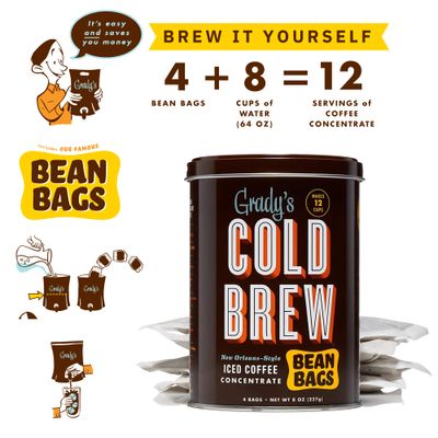 GRADYS COLD BREW Coffee Pouches | New Orleans Style | 100% Arabica Ground Coffee & Chicory | Coffee Can with 4 Easy-to-Brew Bean Bags | Makes 12 drinks