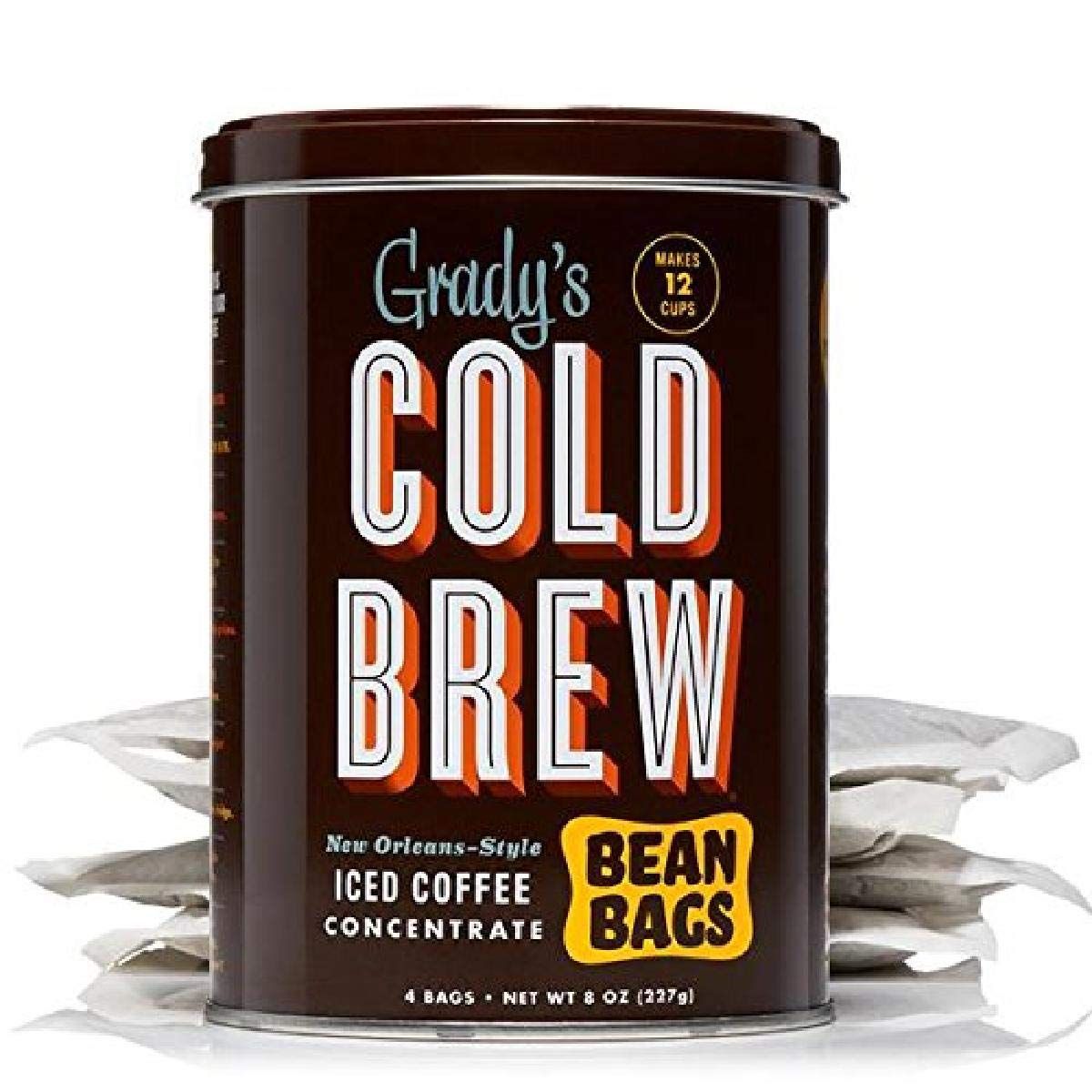 GRADYS COLD BREW Coffee Pouches | New Orleans Style | 100% Arabica Ground Coffee &amp; Chicory | Coffee Can with 4 Easy-to-Brew Bean Bags | Makes 12 drinks