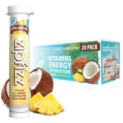 Zipfizz Daily Energy Drink Powder, Pina Colada, 20 Pack | 3-in-1 Sustained Energy, Rapid Hydration, and Essential Vitamins | Sugar-Free | Electrolyte Powder | Contains Vitamin B-12 &amp; Antioxidants