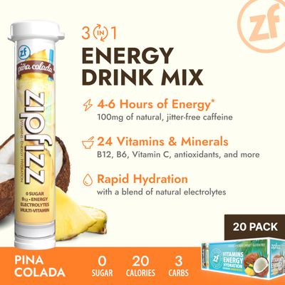 Zipfizz Daily Energy Drink Powder, Pina Colada, 20 Pack | 3-in-1 Sustained Energy, Rapid Hydration, and Essential Vitamins | Sugar-Free | Electrolyte Powder | Contains Vitamin B-12 &amp; Antioxidants