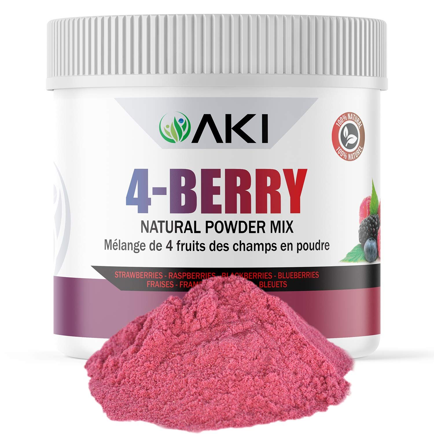 AKI 4-Berry Blend Blueberry Raspberry Strawberry Blackberry Powder Superfood (5.29 Oz/150Gr), Ideal in Vitamin C &amp; Ingredients | Sugar-Free Food coloring for Smoothies, Ice Cream, Popsicles &amp; Yogurt